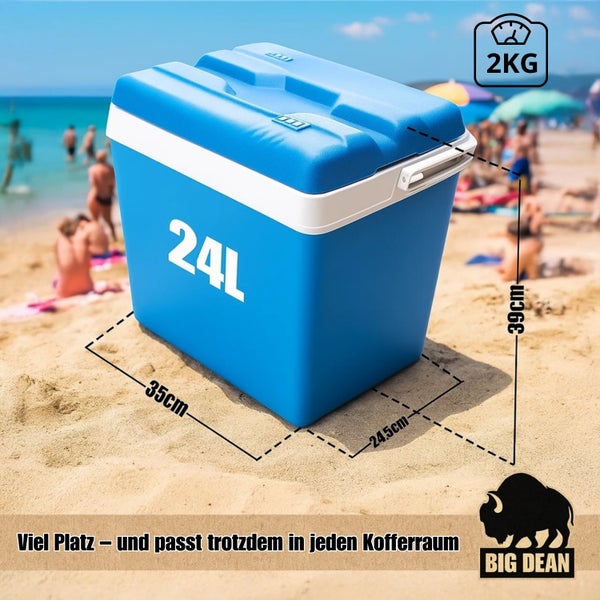 Blaue Kühlbox mit 24 Litern Fassungsvermögen und den Maßen 35 mal 24,5 mal 39 Zentimeter