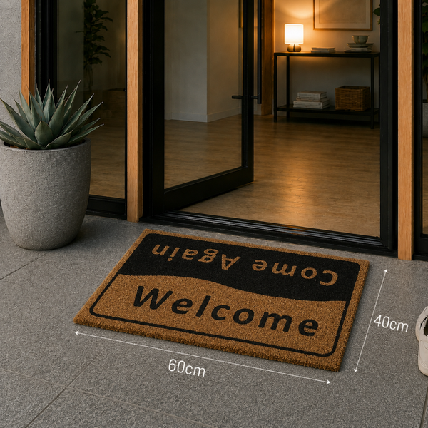 Kokos-Fußmatte mit Schriftzug Welcome und Come Again, 60 mal 40 Zentimeter, vor einer Glastür in einem hellen, modernen Eingangsbereich.