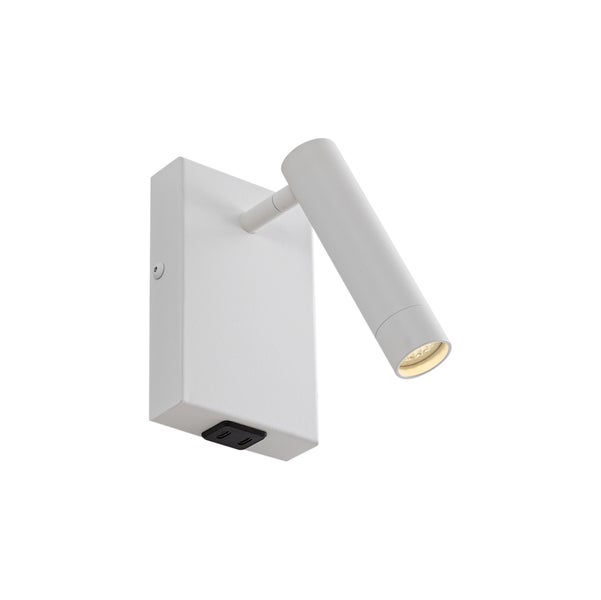 Weiße Wandleuchte mit einem verstellbaren, zylinderförmigen Strahler und zwei USB-Anschlüssen an der Unterseite.