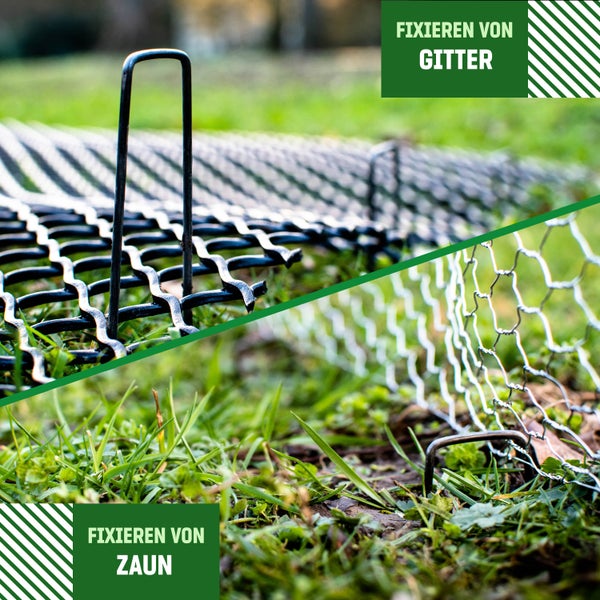 GardenGloss® Erdanker aus Stahl unverzinkt (250 Stück) - Stabile Heringe / Bodenanker für Unkrautvlies, Gartenvlies, Zaun & Netz - Metallheringe 150 MM Lang, 25 MM Breit, Ø 2.7 MM