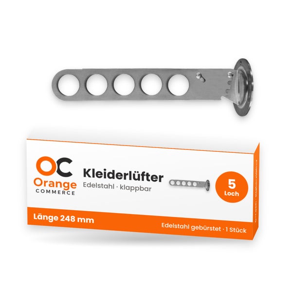 Klappbarer Kleiderlüfter aus gebürstetem Edelstahl mit 5 Löchern und einer Länge von 248 Millimetern inklusive Verpackung Orange Commerce Logo