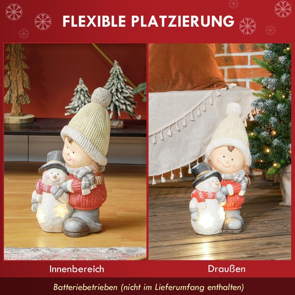 HOMCOM Weihnachtsdeko Figur, Weihnachtswichtel mit Schneemann, 45,5 cm Weihnachtsfigur mit LED-Licht, Dekofigur zu Weihnachten, für In- und Outdoor