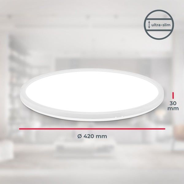 Runde LED-Deckenleuchte, ultraflaches Design, Durchmesser 420 Millimeter, Höhe 30 Millimeter.