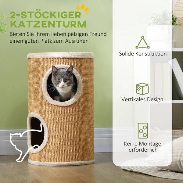 PawHut Kratztonne, 60 cm Hoch Katzentonne mit 2 Höhle, Kratzbaum, Katzenturm aus Sisal, für Katze bis 5 kg, Braun