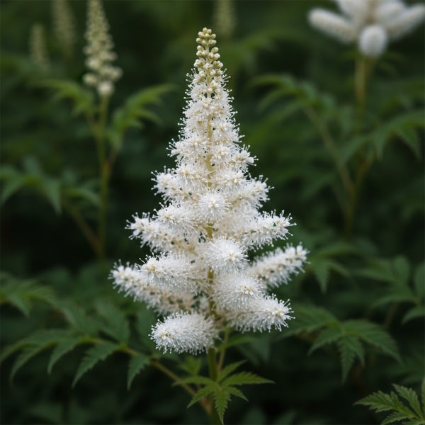 Weiße Prachtspiere Astilbe mit federartigen Blütenrispen und grünen Blättern.