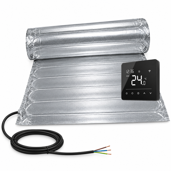 Elektrische Heizmatte als Rolle mit silberner Oberfläche inklusive Thermostat zur Bodenheizung