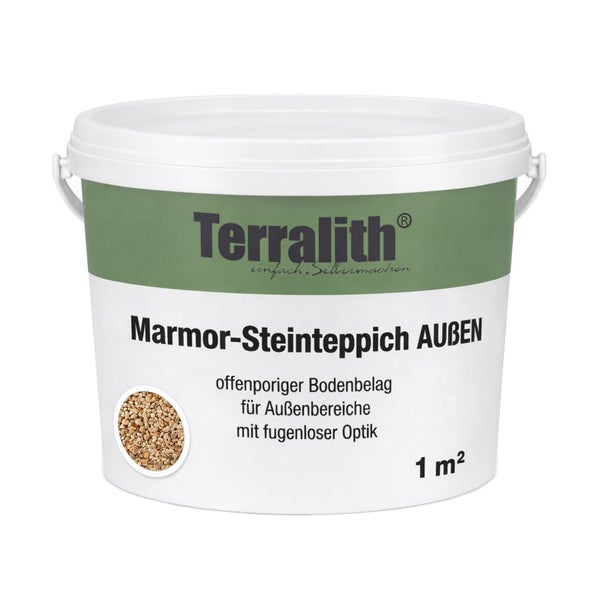 Terralith Marmor-Steinteppich für den Außenbereich im Eimer, für circa 1 Quadratmeter.