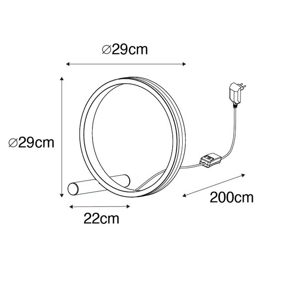 Technische Zeichnung einer runden Lampe mit den Maßen 29 cm Durchmesser und 22 cm Fußlänge