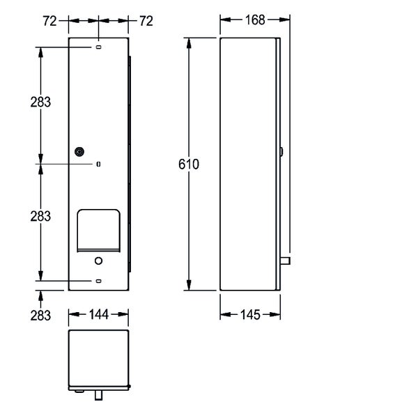 Maßzeichnung eines schmalen Schranks mit den Abmessungen 610 mal 144 mal 168 Millimeter.