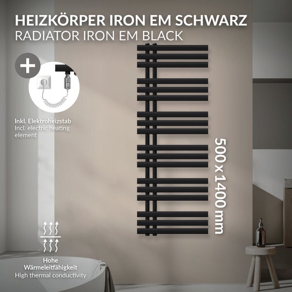 LuxeBath Elektrischer Badheizkörper Iron EM 500 x 1400 mm Schwarz matt inkl. Heizstab Chrom 900W mit Thermostat einfach, Handtuchheizkörper mit Heizpatrone, Elektro Handtuchwärmer Paneelheizkörper