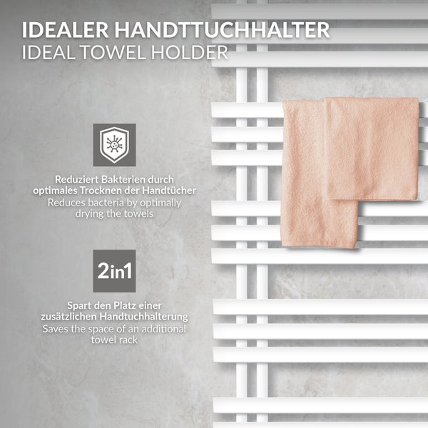 LuxeBath Badheizkörper Iron EM 600x1400 mm Weiß Mittelanschluss mit Anschlussgarnitur Thermostat Durchgang Boden, Design Heizkörper Bad Heizung Handtuchwärmer Handtuchtrockner Handtuchheizkörper