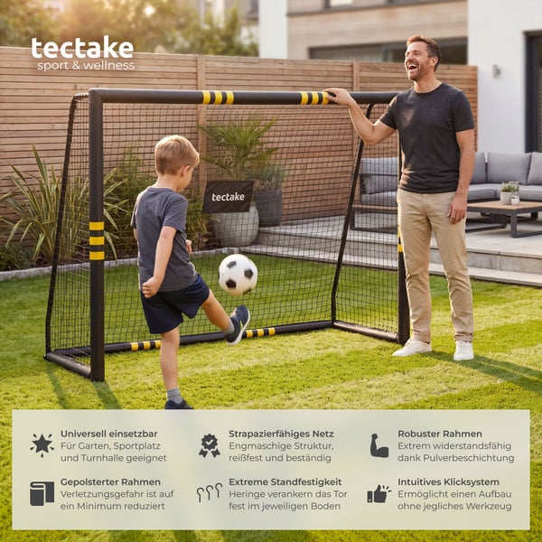 Tectake Fußballtor mit Netz, Befestigungsheringen und technischen Produktinformationen inklusive Maßen.