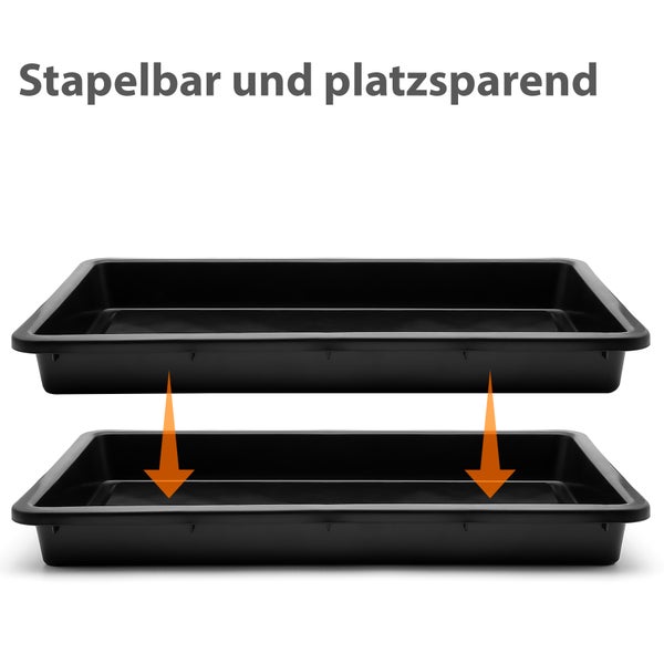 Zwei schwarze, stapelbare Pflanzschalen