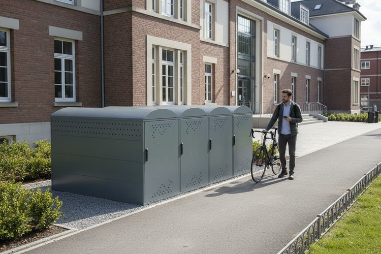 Fahrradgarage mit Fahrrad und Person vor einem Gebäude