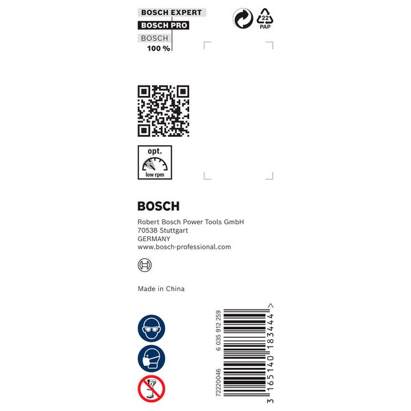 Bosch Expert, Bosch Pro, Bosch, 100 Prozent, Papierverpackung, QR-Code, niedrige Drehzahl, Bosch Firmeninformationen, Hergestellt in China, Barcode, Schutzsymbole.