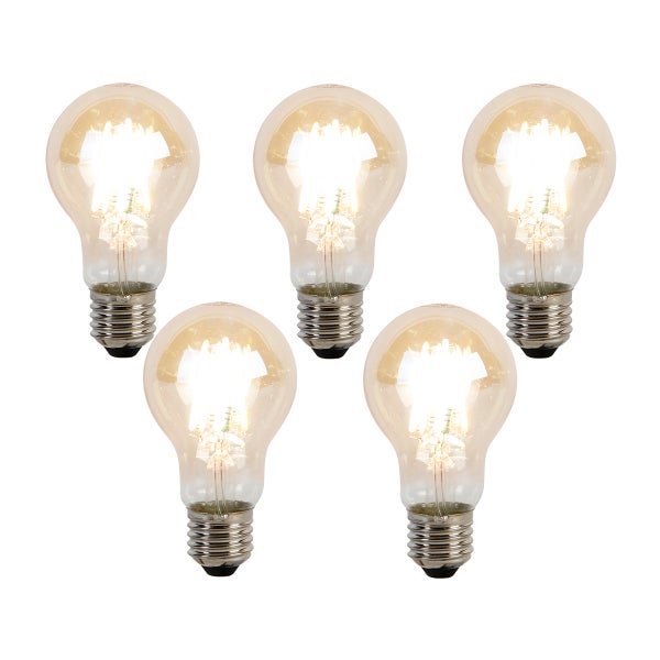Fünf LED Leuchtmittel in Birnenform mit E27 Sockel, Filamenttechnik und klarem Glas.