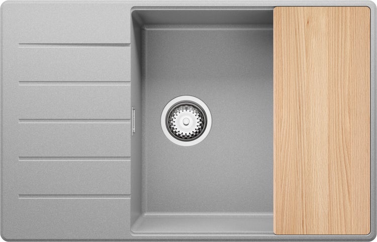 PRIMAGRAN Spülbecken Grau 78x50cm, Granitspüle 1 Becken + Ablauf-Set + Schneidebrett, Küchenspüle ab 60er Unterschrank - Kopenhagen