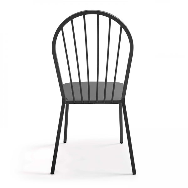 Dunkelgrauer Metallstuhl mit abgerundeter Rückenlehne und vertikalen Streben.