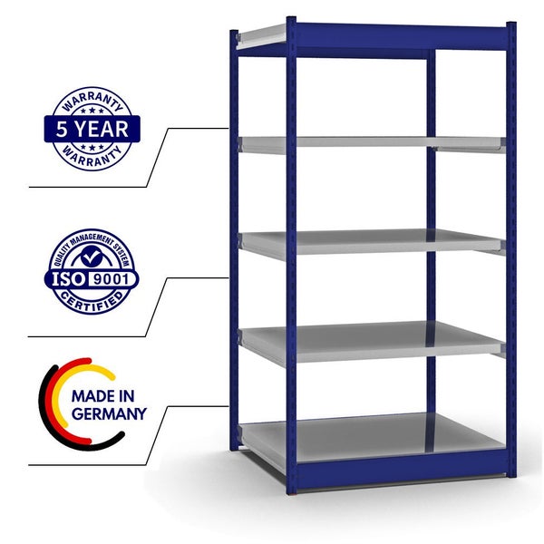 PROREGAL Fachbodenregal Stecksystem Vierkant-Profil Grundregal HxBxT 200 x 102,5 x 80 cm 5 Ebenen Einseitige Bauart Fachlast 200 kg Enzianblau