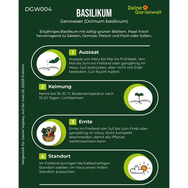Infografik für Basilikum Genoveser mit Anleitungen zu Aussaat, Keimung, Ernte und Standort. Mit Deine Gartenwelt Logo.