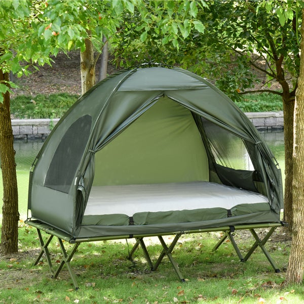 Outsunny Erhöhtes Campingbett Feldbett mit Luftmatratze Pumpe Taft Tragetasche 193 x 136 x 180 cm Gästebett belastbar bis 160 kg Extra Breit Campingliege für Erwachsene Klappbett Outdoor Grün
