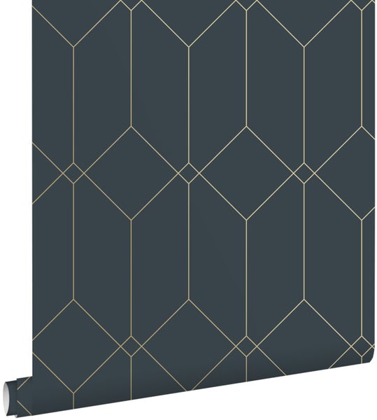 ESTAhome Tapete Art Decó Muster Dunkelblau und Gold - 53 cm x 10.05 m - 139225