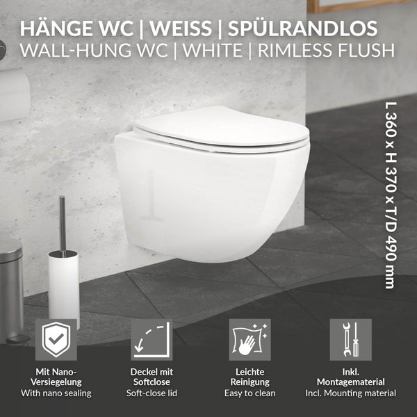 ECD Germany Spülrandloses Hänge WC kurz 49 cm Weiß glänzend mit Nano Beschichtung, Wand-WC, Toilette mit abnehmbaren WC-Sitz aus Duroplast Softclose Absenkautomatik, Tiefspüler WC Keramik Lotus Effekt