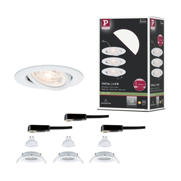 Paulmann LED Einbaustrahler Set Nova, weiß, 3 Stück, schwenkbar, 3-stufig dimmbar, warmweiß, 2700 Kelvin, GU10, 4,9 Watt, 550 Lumen.