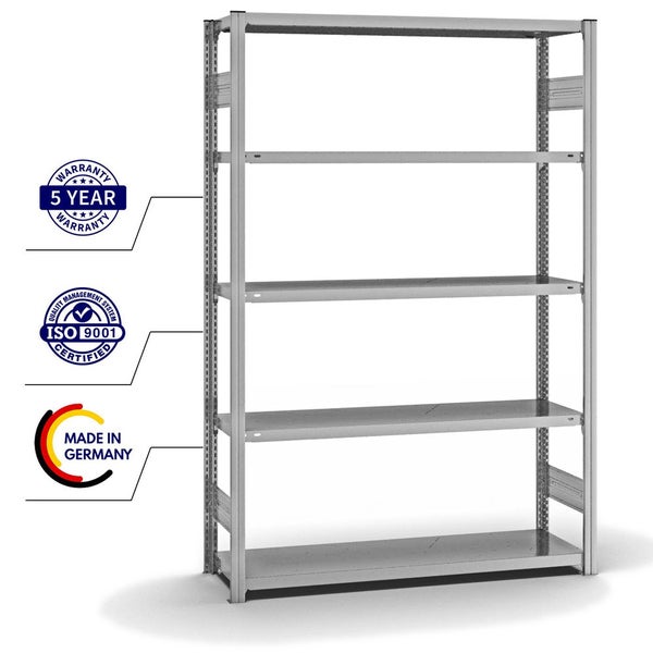 PROREGAL Fachbodenregal Stecksystem T-Profil Light-Duty Grundregal HxBxT 200 x 130 x 40 cm 5 Ebenen Fachlast 180 kg Beidseitig Nutzbar Verzinkt