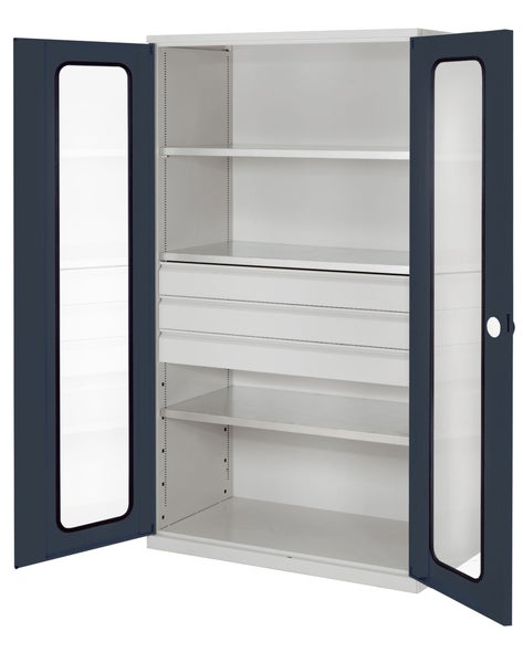 Metallschrank mit blauen Sichtfenstertüren, drei Schubladen und verstellbaren Fachböden.