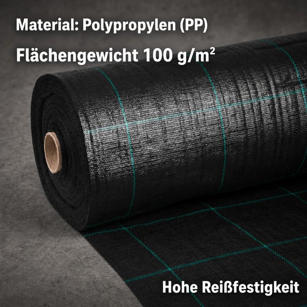 Rolle aus Unkrautvlies aus Polypropylen mit einem Flächengewicht von 100 Gramm pro Quadratmeter und hoher Reißfestigkeit