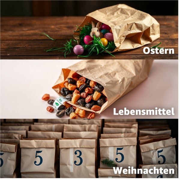 Collage mit Geschenkideen für Ostern, Lebensmittel und Weihnachten in Papiertüten.