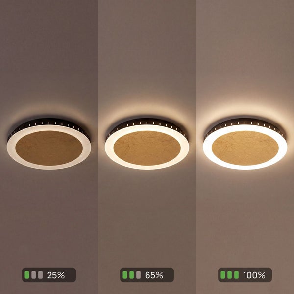 Runde LED Deckenleuchte mit goldfarbenem Zentrum und Leuchtring in drei Helligkeitsstufen: 25 Prozent, 65 Prozent und 100 Prozent.