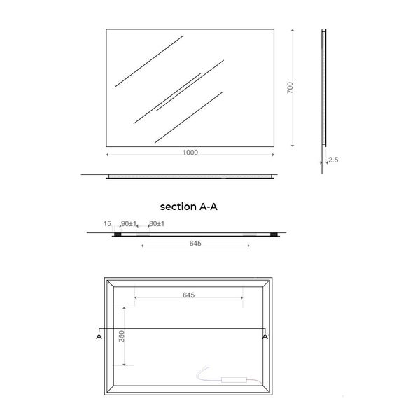 Technische Zeichnung eines rechteckigen Spiegels mit den Maßen 1000 mal 700 Millimeter, inklusive Vorderansicht, Seitenansicht und Rückansicht.