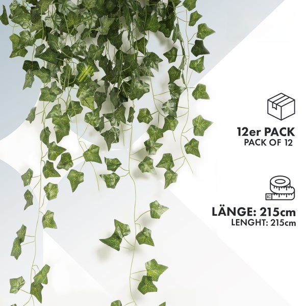 Künstlicher Efeu als Ranke, 12er Pack, Länge 215 Zentimeter.