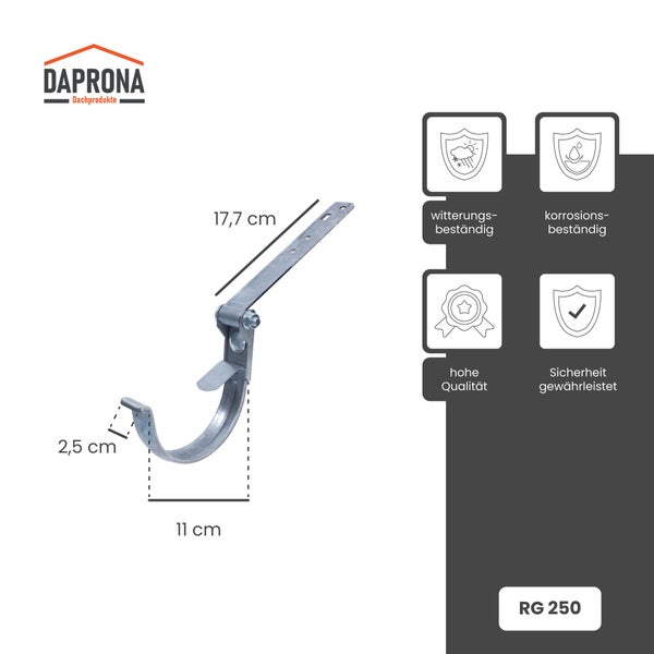 Daprona Logo, Rinneneisen aus verzinktem Stahl, Länge 17,7 Zentimeter, Durchmesser 11 Zentimeter, witterungs- und korrosionsbeständig.