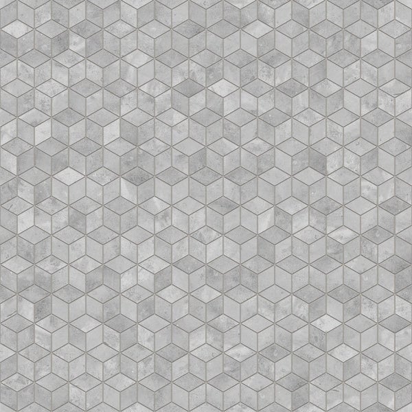 Graue Mosaikfliesen mit dreidimensionalem Würfelmuster in geometrischer Optik und Stein-Textur.