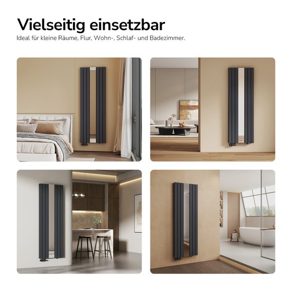 Vertikaler Heizkörper in Anthrazit mit Spiegel in Schlafzimmer, Flur, Küche und Badezimmer.