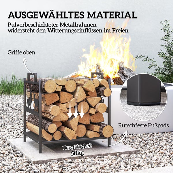 Brennholzregal aus pulverbeschichtetem Metall mit Griffen und rutschfesten Fußpads, Tragfähigkeit 50 Kilogramm