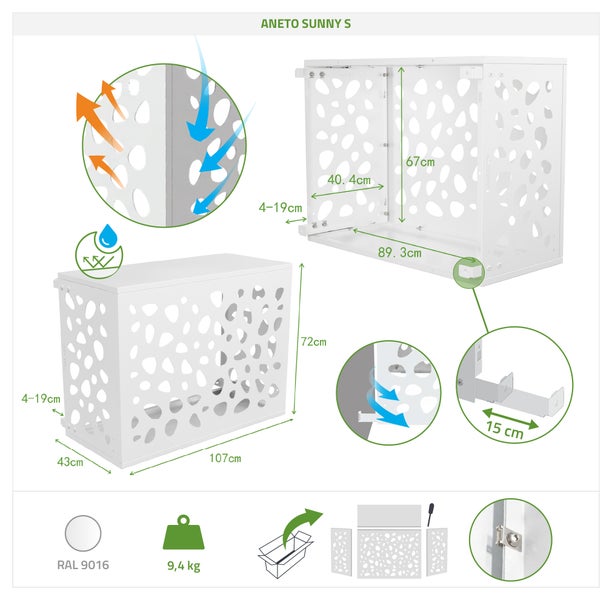 Aneto Sunny S Produktdetails mit Maßangaben, Gewicht und RAL Farbe