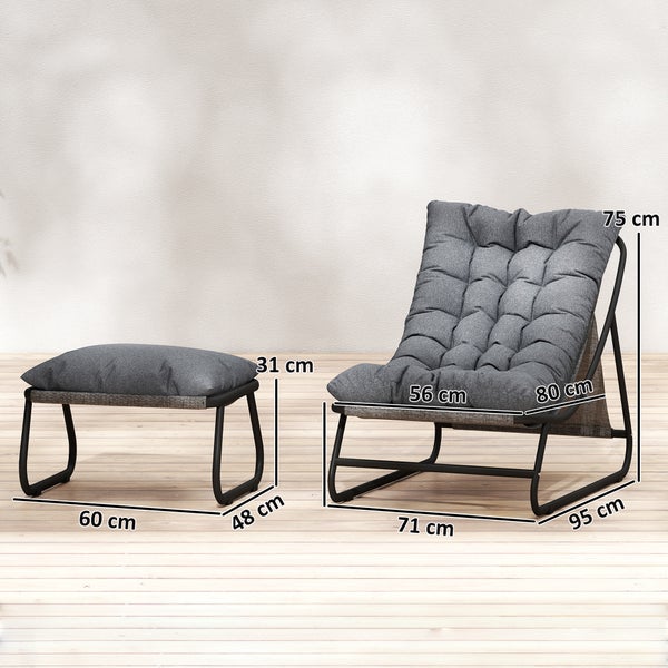 Lounge-Sessel-Set mit Fußhocker, Metallgestell und Polsterkissen mit Maßangaben in Zentimeter.