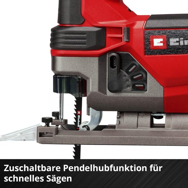 Detailansicht einer Einhell Stichsäge mit zuschaltbarem Pendelhub für schnellen Sägefortschritt.