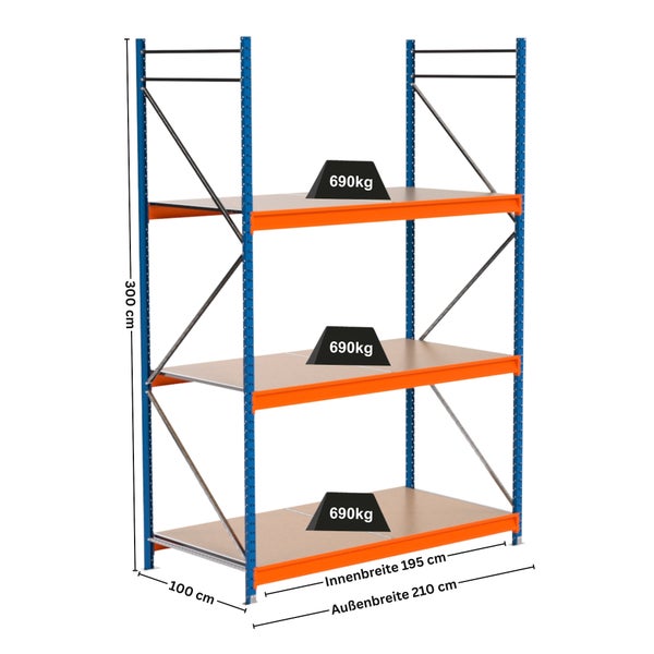 Lagerregal mit drei Ebenen und einer Traglast von 690 Kilogramm pro Ebene