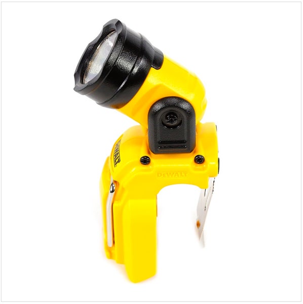 DeWalt Akkumulator-LED-Leuchte in Gelb und Schwarz mit schwenkbarem Kopf und Gürtelclip.