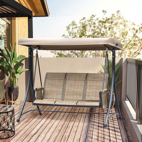Outsunny Hollywoodschaukel mit Seitentasche, 3-Sitzer Gartenschaukel mit verstellbarem Sonnendach, Schaukelbank belast bis 300kg, für Garten, Terrasse, 196 x 128 x 172 cm, Braun