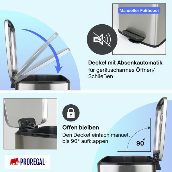 Abfallbehälter mit Absenkautomatik für leises Schließen, manuellem Fußhebel und einer Offenhaltefunktion bei 90 Grad. Proregal Logo.