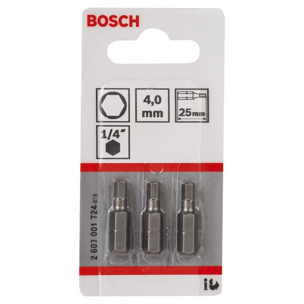Bosch Logo. Packung mit drei 4-Millimeter-Innensechskant-Bits mit 1/4-Zoll-Schaft und 25 Millimeter Länge