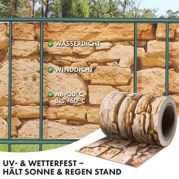 FLOORDIREKT PVC Sichtschutzstreifen 19 cm x 35 m für Gartenzäune Blickdicht Stein-Optikgrob