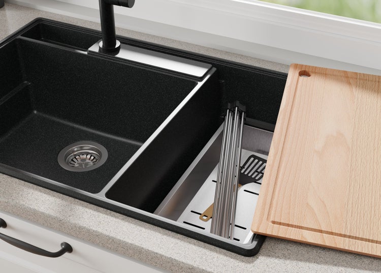 PRIMAGRAN Spülbecken Anthrazit 78x53cm, Granitspüle 2 Becken + Ablauf-Set + Küchenzubehörset, Küchenspüle ab 80er Unterschrank - Paris