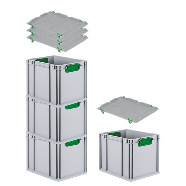 PROREGAL Spar Set 4x Eurobox Nextgen Color Mit Auflagedeckel & Schiebeschnappverschlüsse HxBxT 32 x 30 x 40 cm Griffe Grün Geschlossen Glatter Boden